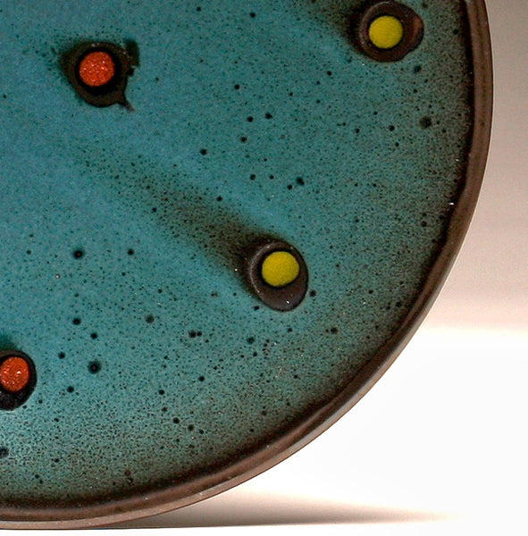 DH014 11" Platter, Teal over Black with Red and Chartreuse Spots