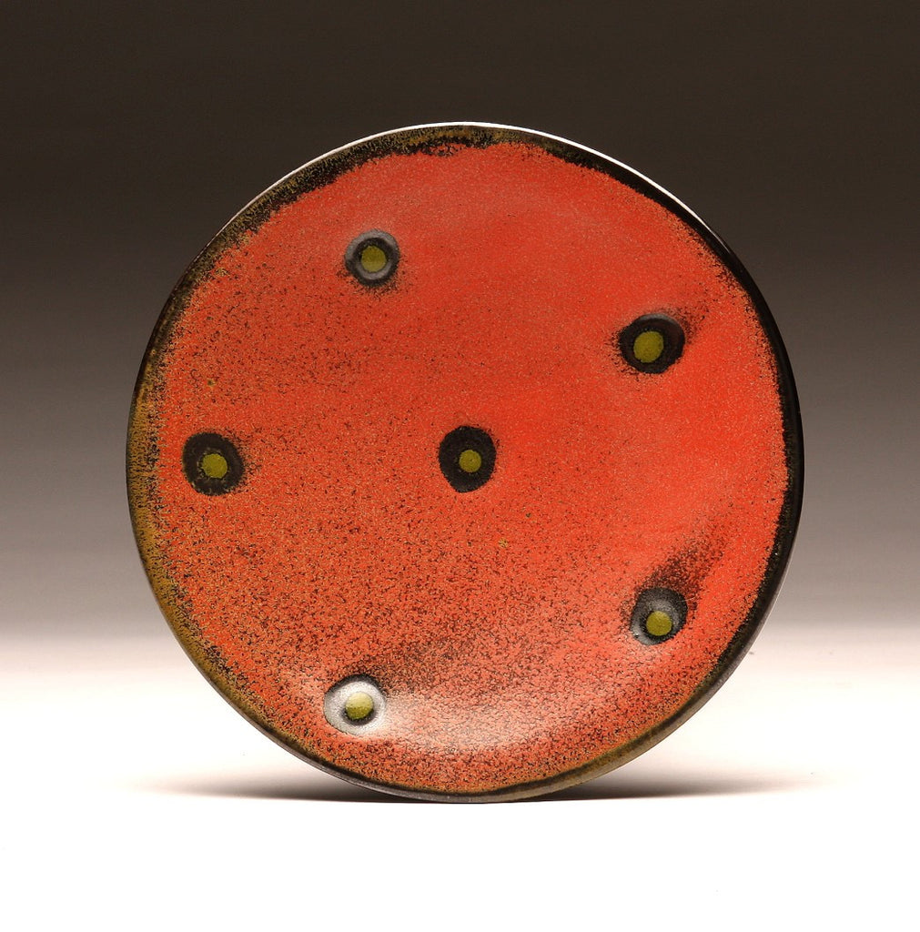DH027  8" Platter, Red with Chartreuse Spots