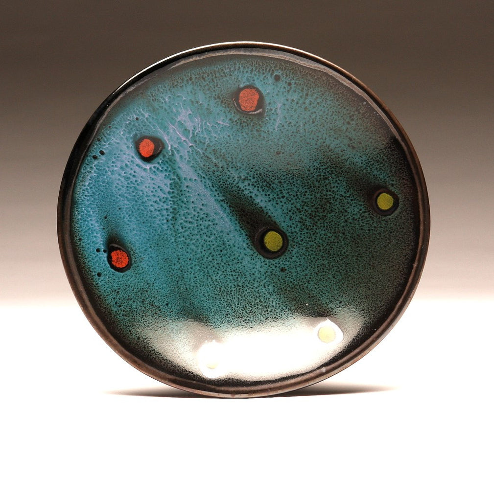 DH028 8" Platter, Teal over Black with Red and Chartreuse Spots