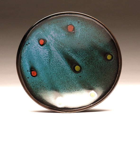 DH028 8" Platter, Teal over Black with Red and Chartreuse Spots