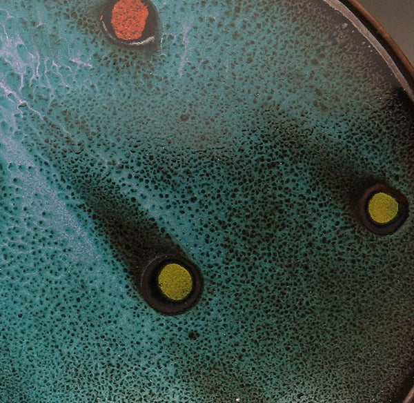 DH028 8" Platter, Teal over Black with Red and Chartreuse Spots
