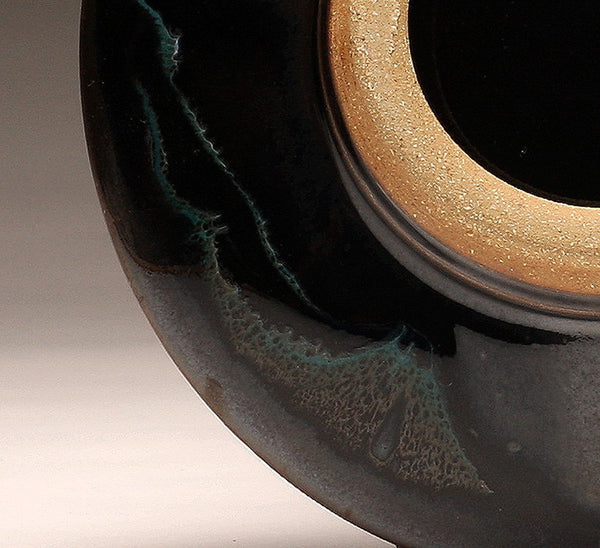 DH028 8" Platter, Teal over Black with Red and Chartreuse Spots