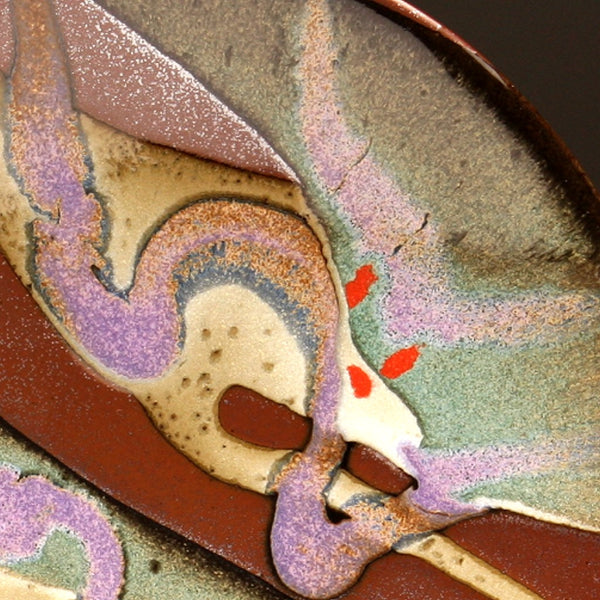 DH204 8" Landscape Platter in Teal, Red, Purple, Cream Over Tenmoku