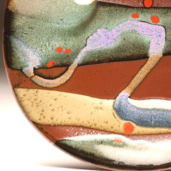 DH205 11" Landscape Platter in Teal, Red, Purple, Cream Over Tenmoku