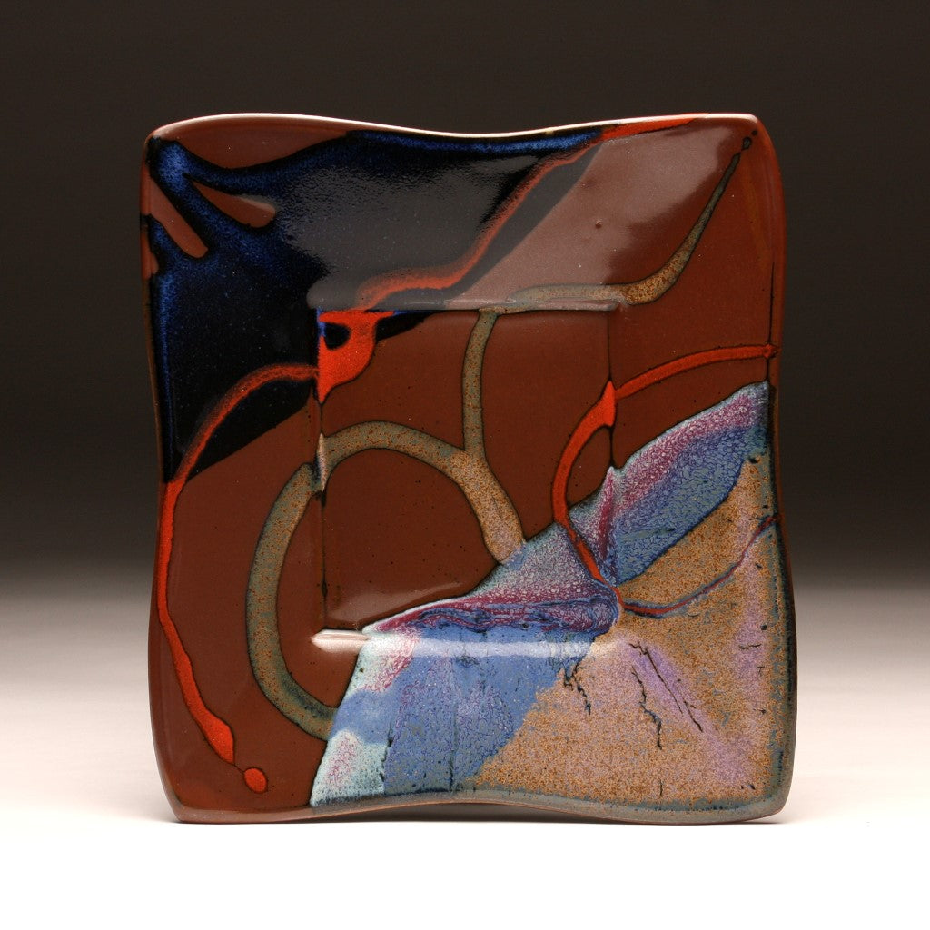 DH211 Square Plate in Blue, Red and Tenmoku 10"x10"