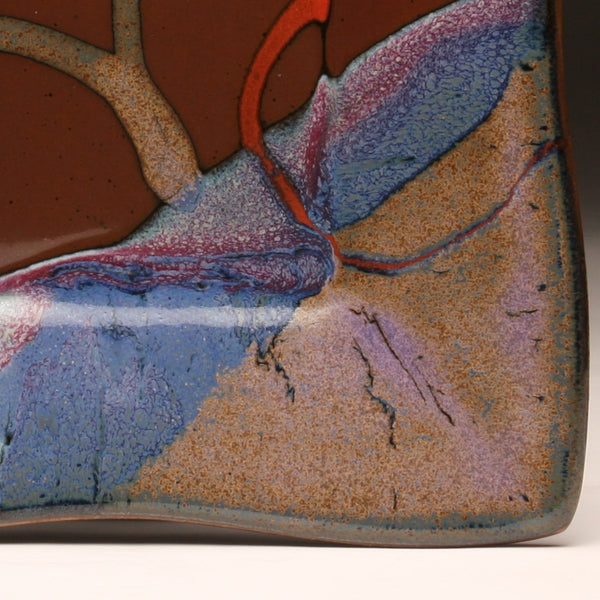 DH211 Square Plate in Blue, Red and Tenmoku 10"x10"