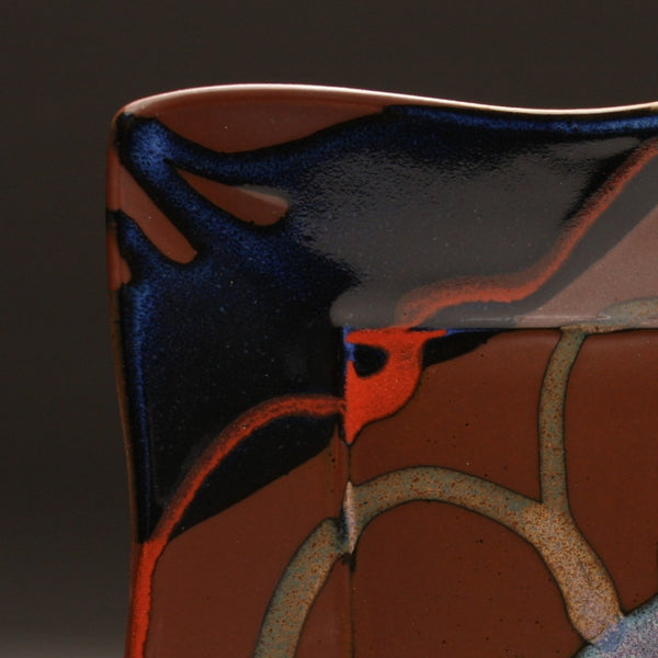 DH211 Square Plate in Blue, Red and Tenmoku 10"x10"