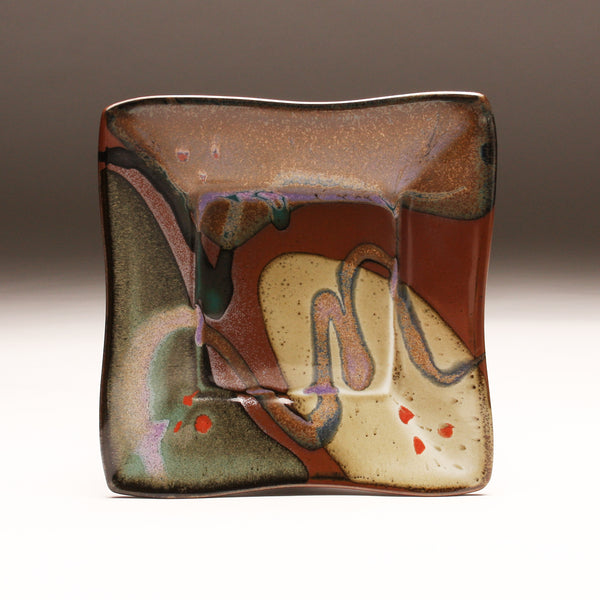 DH242 Square Plate in Purple, White, Teal over Tenmoku with red dots 9"x9"