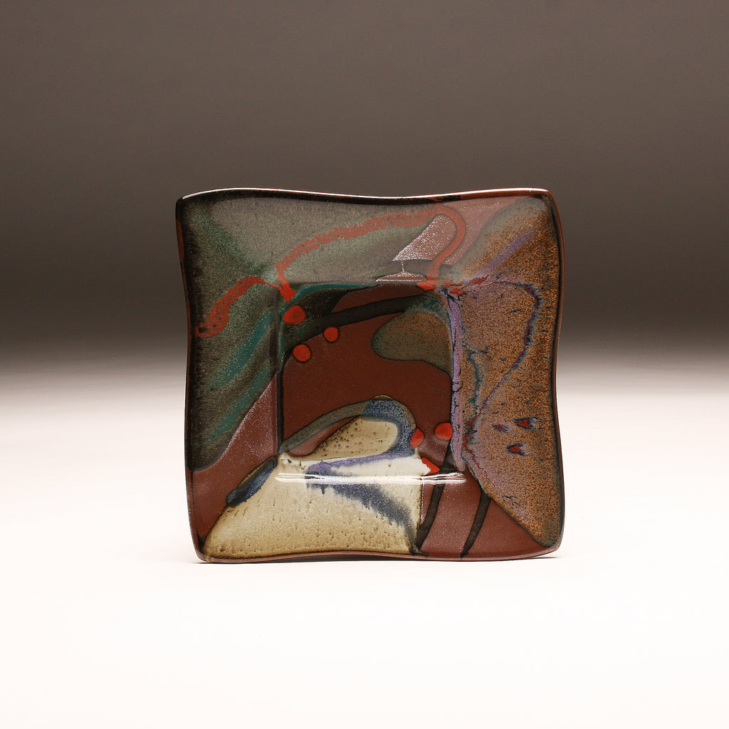 DH243 Square Plate in Purple, White, Teal over Tenmoku with red dots 9"x9"