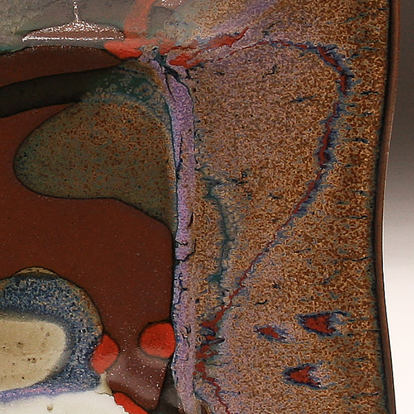 DH243 Square Plate in Purple, White, Teal over Tenmoku with red dots 9"x9"