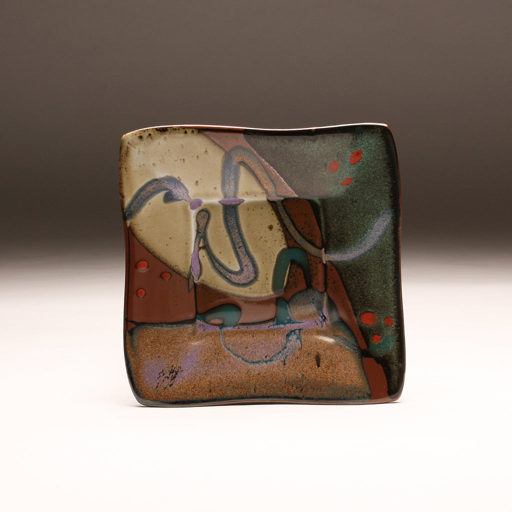 DH244 Square Plate in Purple, White, Teal over Tenmoku with red dots 9"x9"