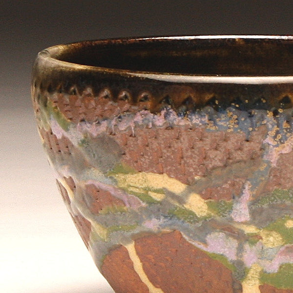 GH219 Wood Fired Bowl Chattered Texture, Purple, Blue, Yellow, Chartruse, outside and Black inside