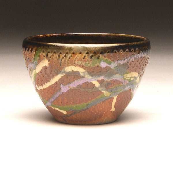 GH219 Wood Fired Bowl Chattered Texture, Purple, Blue, Yellow, Chartruse, outside and Black inside