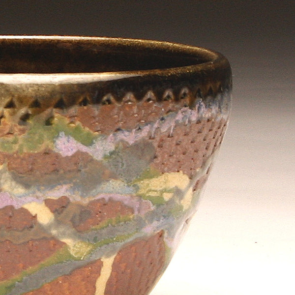 GH219 Wood Fired Bowl Chattered Texture, Purple, Blue, Yellow, Chartruse, outside and Black inside