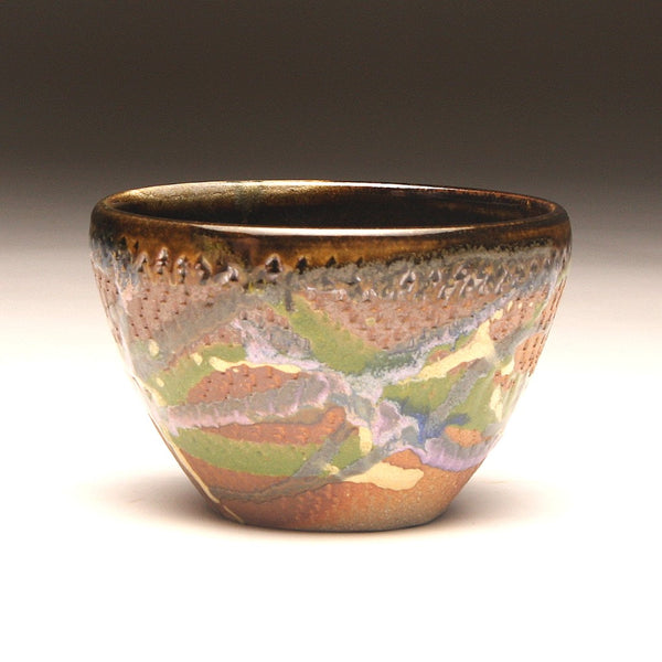 GH219 Wood Fired Bowl Chattered Texture, Purple, Blue, Yellow, Chartruse, outside and Black inside