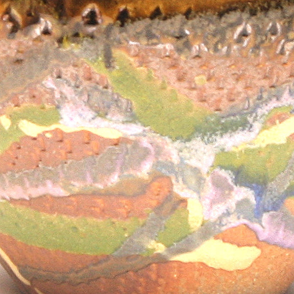 GH219 Wood Fired Bowl Chattered Texture, Purple, Blue, Yellow, Chartruse, outside and Black inside