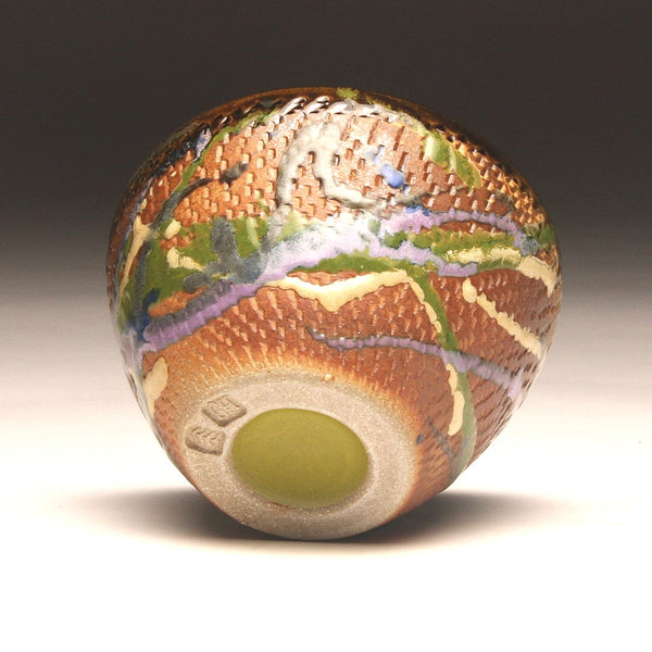GH219 Wood Fired Bowl Chattered Texture, Purple, Blue, Yellow, Chartruse, outside and Black inside
