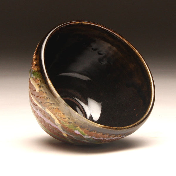 GH219 Wood Fired Bowl Chattered Texture, Purple, Blue, Yellow, Chartruse, outside and Black inside