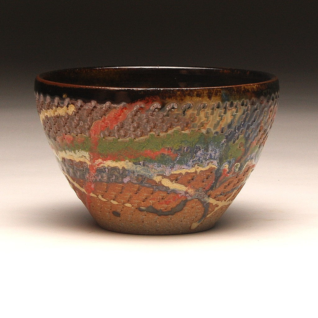 GH220 Wood Fired Bowl Chattered Texture, Red, Green Yellow, Purple,  Chartruse, outside and Tenmoku inside