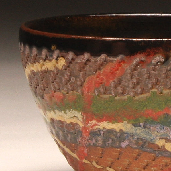 GH220 Wood Fired Bowl Chattered Texture, Red, Green Yellow, Purple,  Chartruse, outside and Tenmoku inside