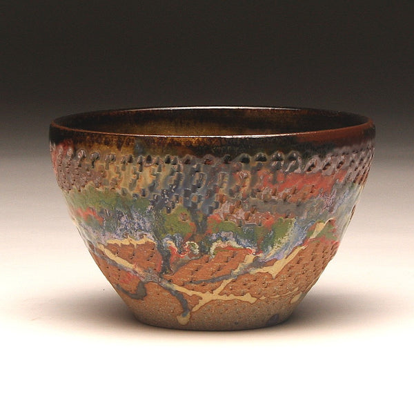 GH220 Wood Fired Bowl Chattered Texture, Red, Green Yellow, Purple,  Chartruse, outside and Tenmoku inside