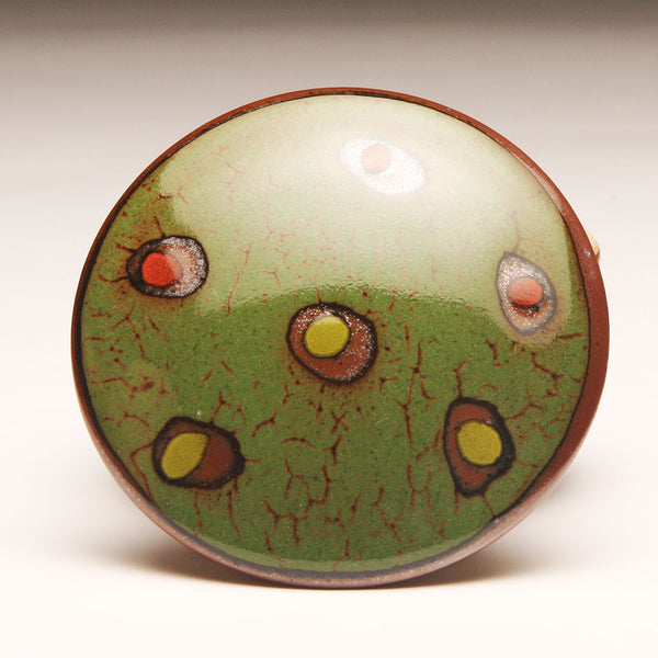 GH225 Covered box, green over tenmoku, red and chartreuse spots