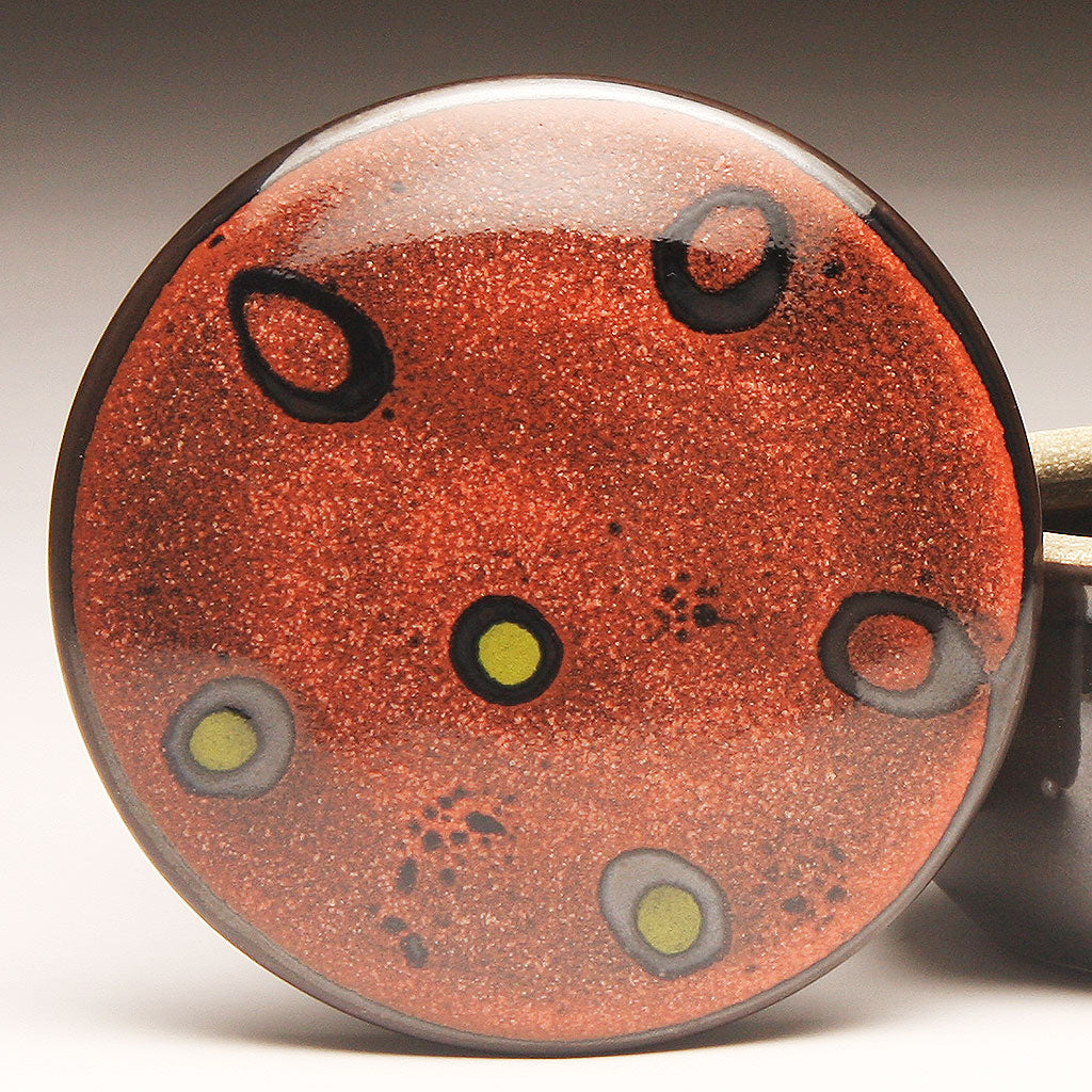 GH226 Covered box, red over tenmoku, red and chartreuse spots