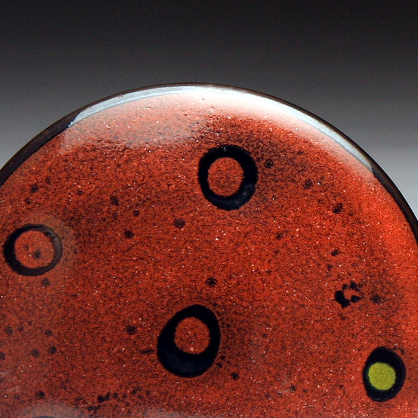GH227 Covered box, red over tenmoku, red and chartreuse spots