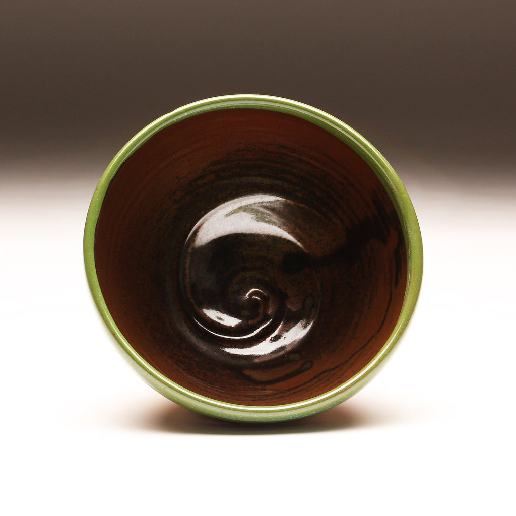 GH258  Medium Wood Fired Groovy Bowl, Purple, Yellow, Chartreuse, outside and Tenmoku inside
