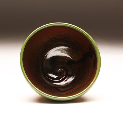 GH258  Medium Wood Fired Groovy Bowl, Purple, Yellow, Chartreuse, outside and Tenmoku inside