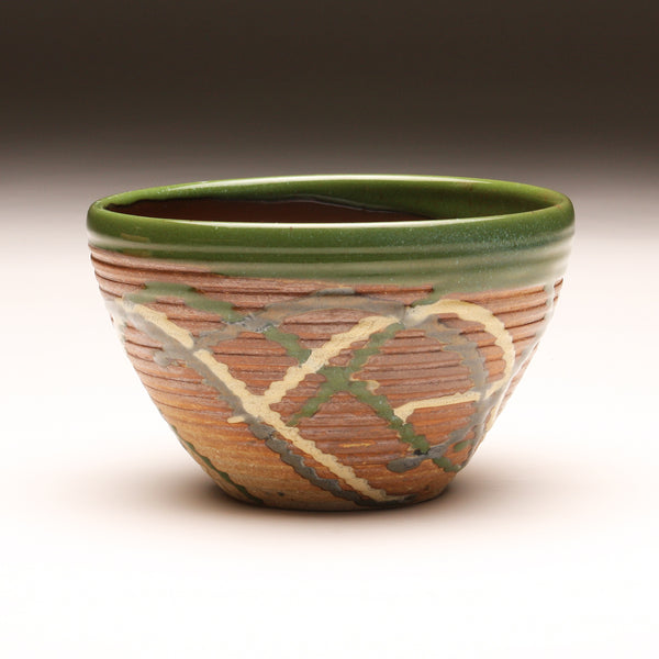 GH258  Medium Wood Fired Groovy Bowl, Purple, Yellow, Chartreuse, outside and Tenmoku inside