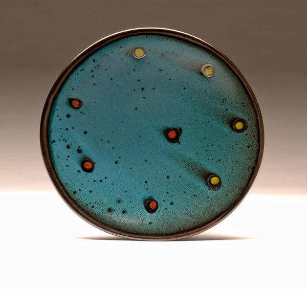 DH014 11" Platter, Teal over Black with Red and Chartreuse Spots