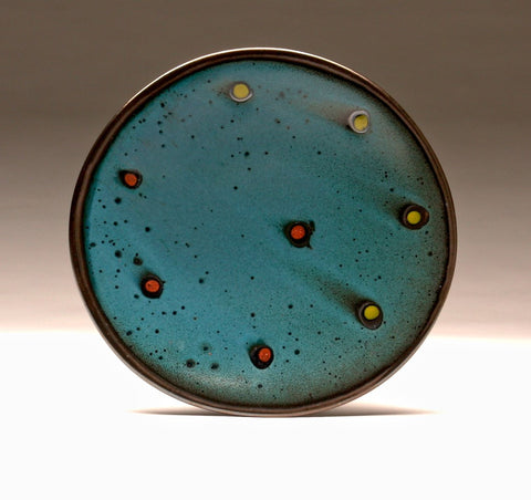 DH014 11" Platter, Teal over Black with Red and Chartreuse Spots