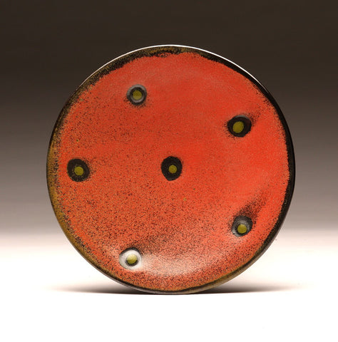 DH027  8" Platter, Red with Chartreuse Spots