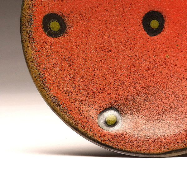 DH027  8" Platter, Red with Chartreuse Spots