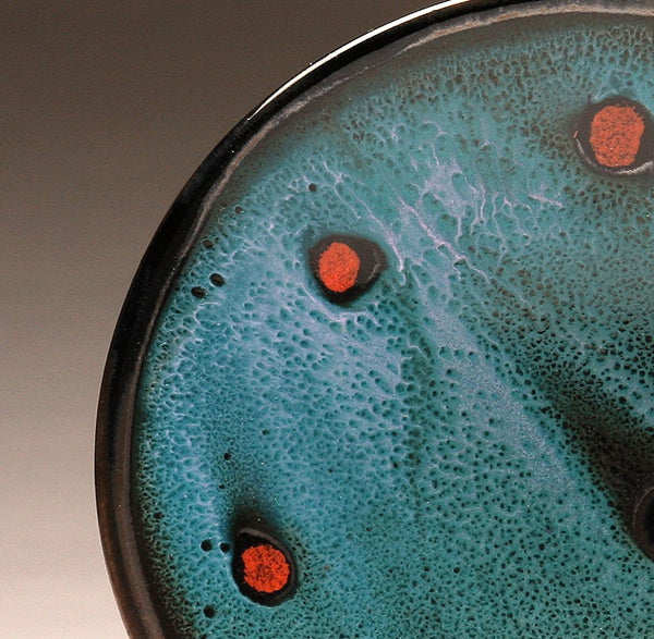 DH028 8" Platter, Teal over Black with Red and Chartreuse Spots