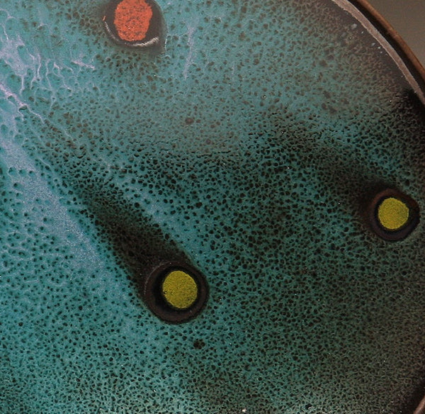 DH028 8" Platter, Teal over Black with Red and Chartreuse Spots