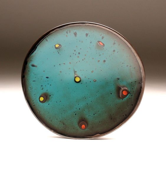 DH057 11" Teal Platter with Chartreuse and Red Spots