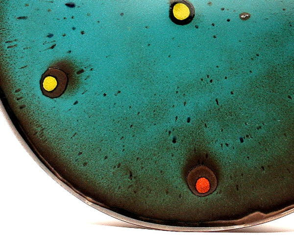 DH057 11" Teal Platter with Chartreuse and Red Spots