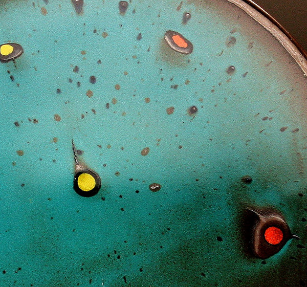 DH057 11" Teal Platter with Chartreuse and Red Spots