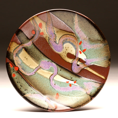 DH204 8" Landscape Platter in Teal, Red, Purple, Cream Over Tenmoku