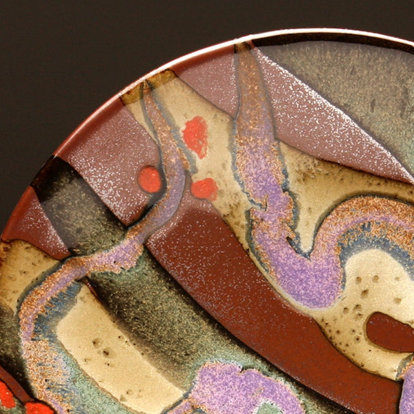 DH204 8" Landscape Platter in Teal, Red, Purple, Cream Over Tenmoku