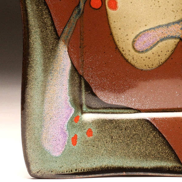 DH209 Square Plate in Teal, White, Purple, Red  Dots and Tenmoku 9"x9"
