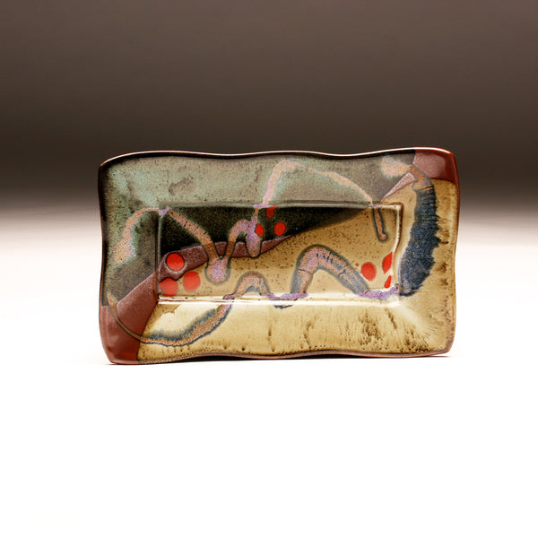 DH238 Rectangular Plate in Teal, White, Red dots over Tenmoku