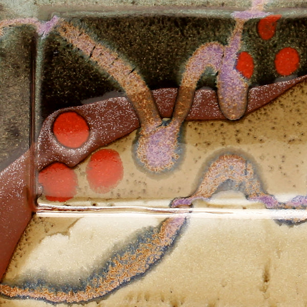 DH238 Rectangular Plate in Teal, White, Red dots over Tenmoku