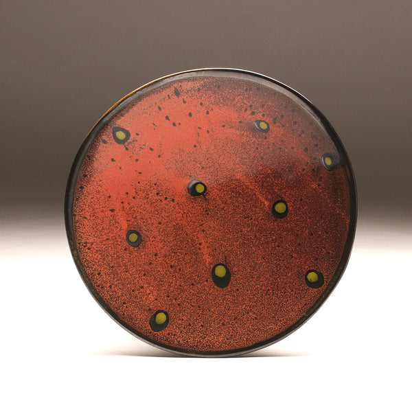 DH272  11" Platter, Red with Chartreuse Spots