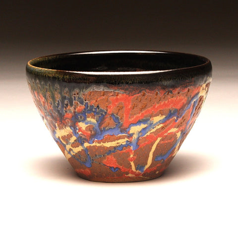 GH216 Wood Fired Bowl Chattered Texture, Red, Blue, Gold, Yellow, Purple, and Black Trailing