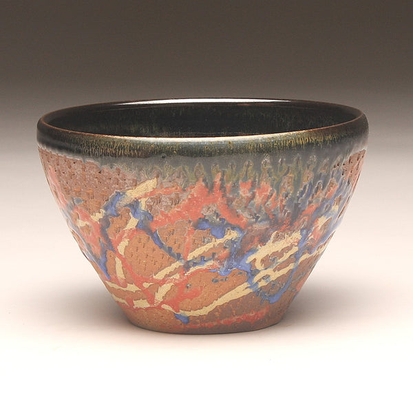 GH216 Wood Fired Bowl Chattered Texture, Red, Blue, Gold, Yellow, Purple, and Black Trailing