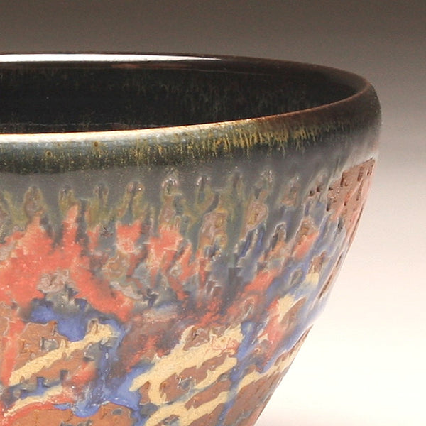 GH216 Wood Fired Bowl Chattered Texture, Red, Blue, Gold, Yellow, Purple, and Black Trailing