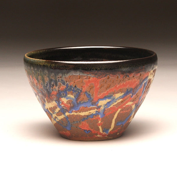 GH216 Wood Fired Bowl Chattered Texture, Red, Blue, Gold, Yellow, Purple, and Black Trailing